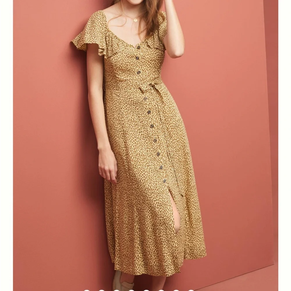 Anthropologie‎ mauve bolano leopard print safari midi button down dress